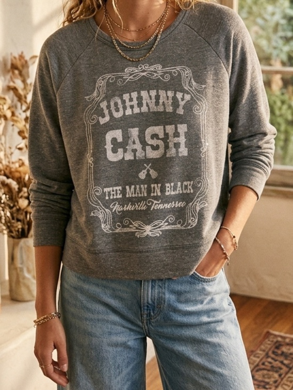 Letluv x Anthropologie Johnny Cash "The Man in Black" Graphic Sweatshirt Sz S